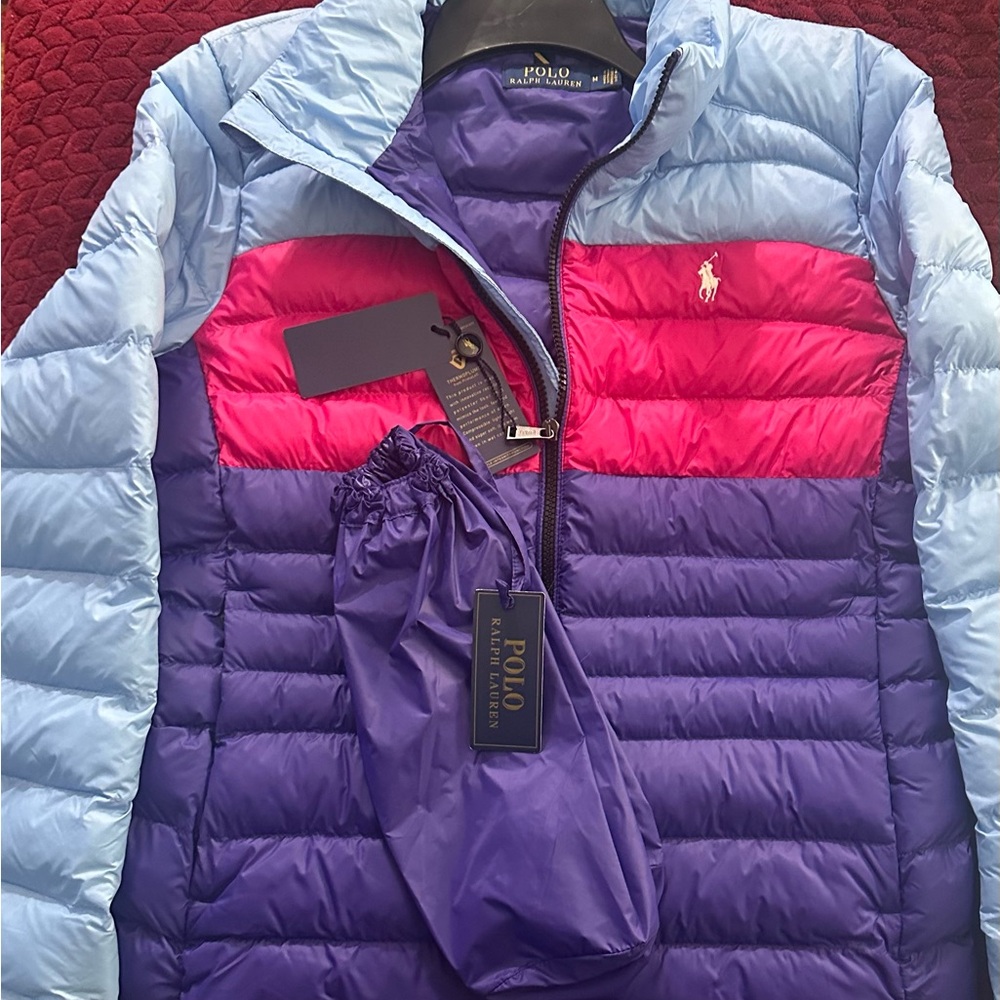Polo by Ralph Lauren Women's Colorblock Puffer Jacket - Blue, Pink, and Purple.